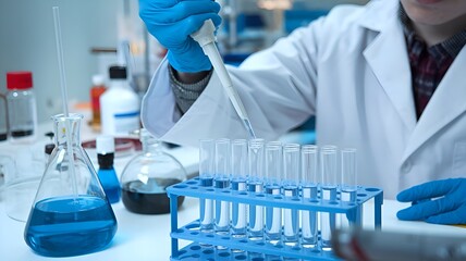 In a scientific setting, a scientist uses a pipette to inject liquid to many clear test tubes.