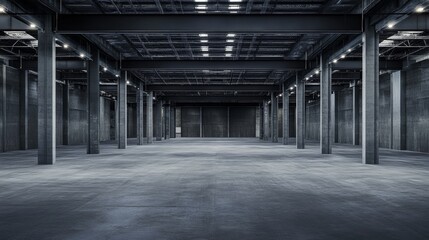 A spacious industrial warehouse interior with high ceilings and steel beams.