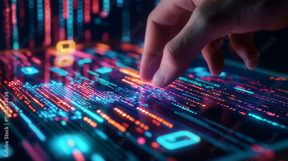 Aufkleber hand navigating code on glowing tablet with holographic projections