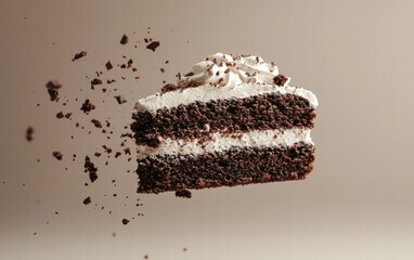 A slice of chocolate cake floating with crumbs and cream gently falling off