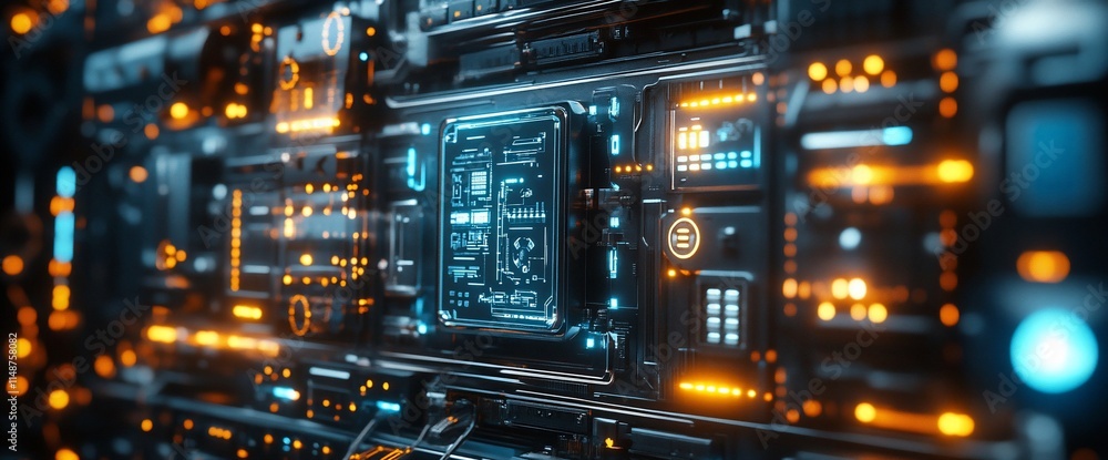 Poster a close-up view of a futuristic circuit board with glowing elements.
