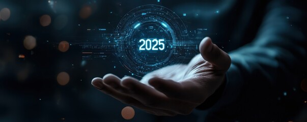 Businessman holding futuristic hologram globe with 2025 digital display