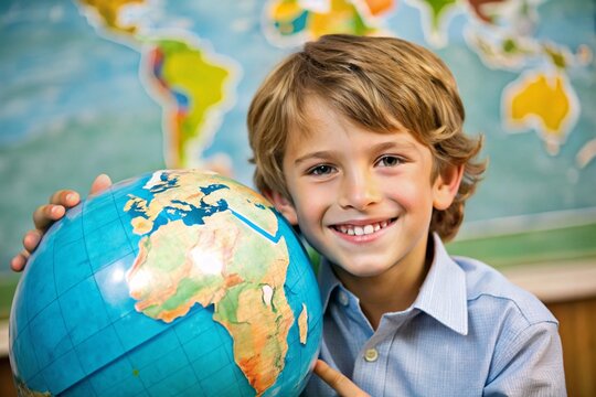 Happy student holding colorful earth globe in school classroom for education and global awareness wallpaper background