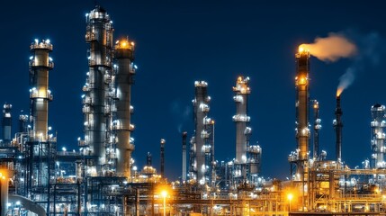 Fototapeta premium Night view of an industrial complex with illuminated towers and smoke emissions.