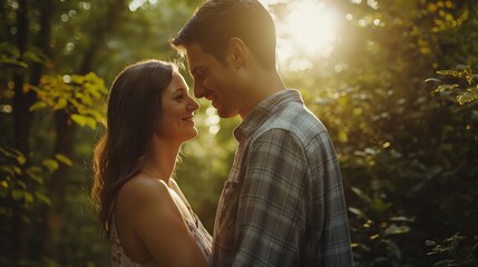 Fototapeta premium love couple gazing at each other tenderly under bright sunlight at tree shade