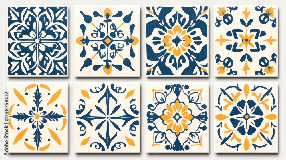 Poster set of decorative tiles featuring intricate patterns in blue and yellow, perfect for design projects