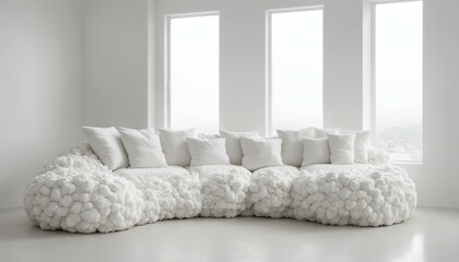 "A minimalist living room with a unique, sculptural white sofa resembling a cloud, creating a whimsical and surreal atmosphere."
