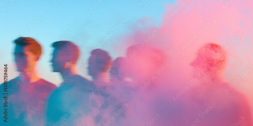 Poster futuristic abstract image with blurred participants in soft gradients and quantum elements