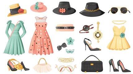 A set of fashion icons, including dresses, shoes, hats, handbags, and jewelry