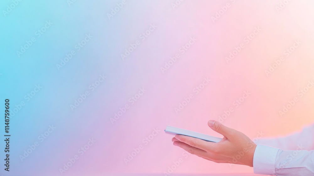 Poster minimalist hand gestures with notebook against pastel gradient background