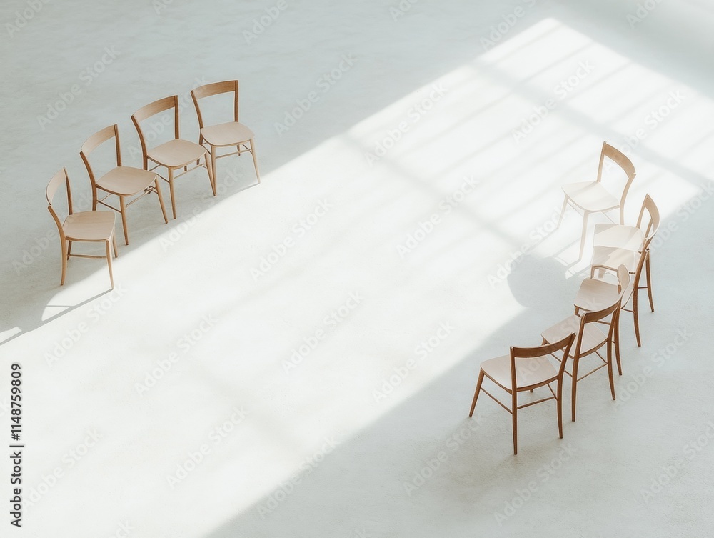 Poster minimalist arrangement chairs in circular shadows under soft light
