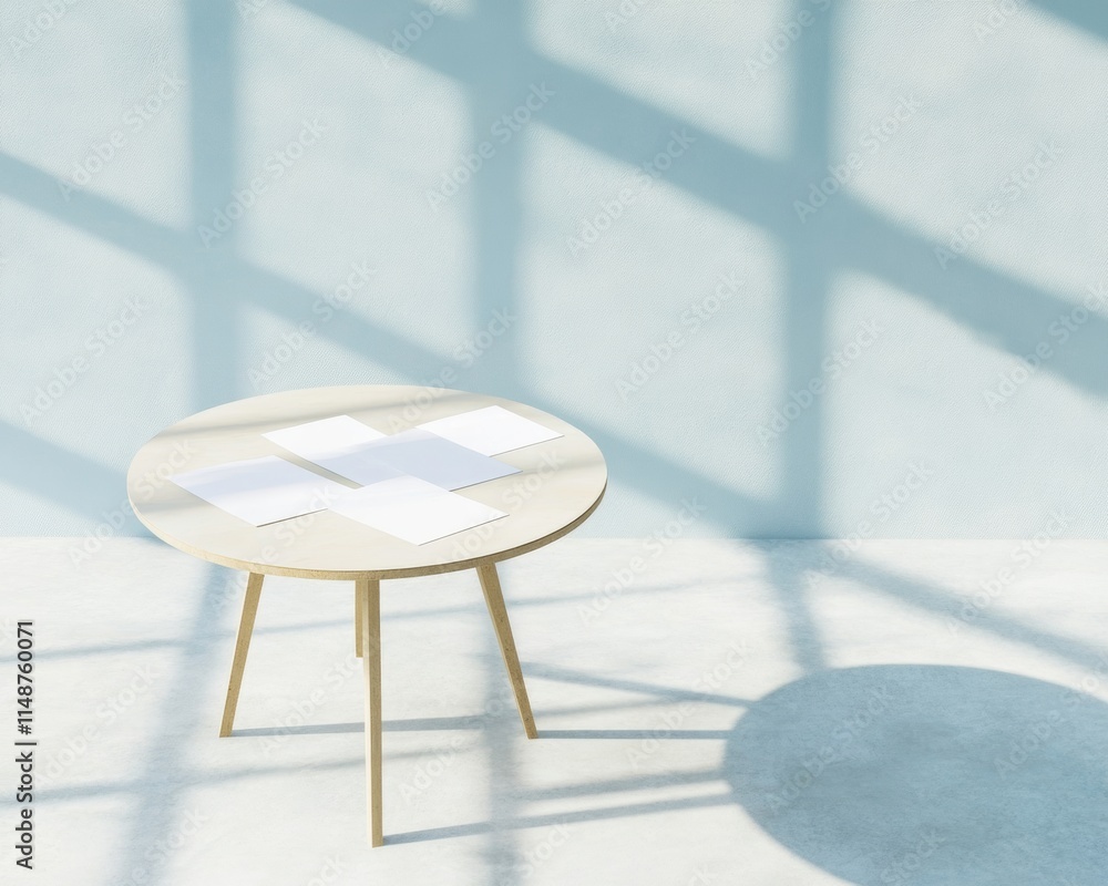 Poster minimalist round table with papers and shadows in pastel light