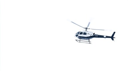 White and blue helicopter flying against a white background.
