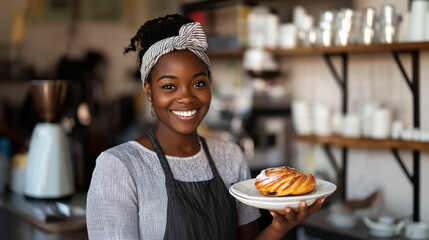 Friendly barista presenting a freshly baked pastry in a cozy cafe setting
