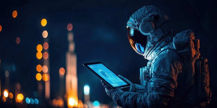 An astronaut in a spacesuit analyzes data on a tablet in an illuminated space environment.