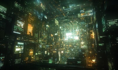 Naklejka premium A digital environment filled with glowing screens and data streams.