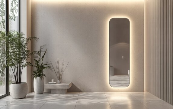 Brightly lit rectangular mirror in a clean and modern space with neutral colors