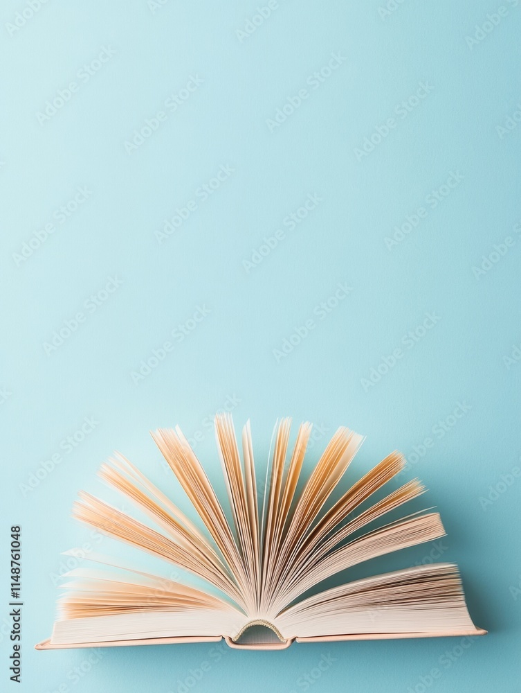 Poster minimalist composition open book with soft light on blue pastel background