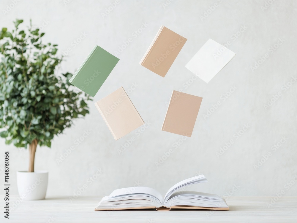 Poster floating books over open journal in minimalist pastel setting