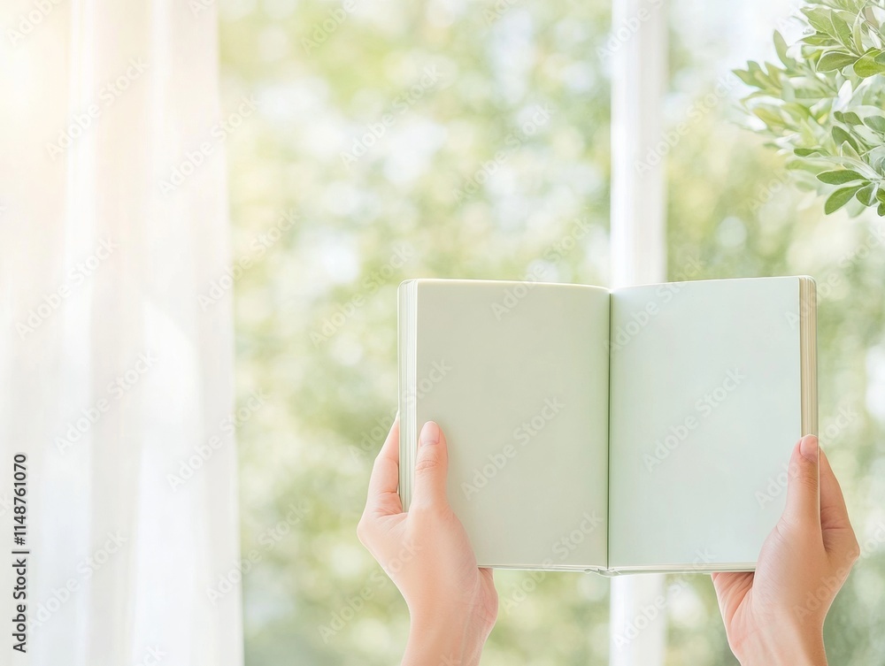 Poster hands holding open notebook with pastel tones in sunlit minimalist setting