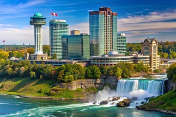 Obraz premium Niagara Falls cityscape with iconic landmarks, flowing waterfalls, and vibrant greenery in a bright and clear wallpaper background