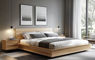 Chic modern bedroom featuring a low-profile bed, light wood furniture, and subtle pops of color