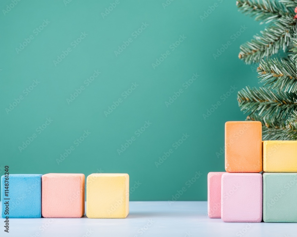 Poster pastel minimalism colorful chalks and blurred background with christmas tree frame