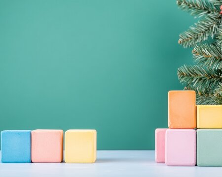 Pastel Minimalism Colorful Chalks and Blurred Background with Christmas Tree Frame