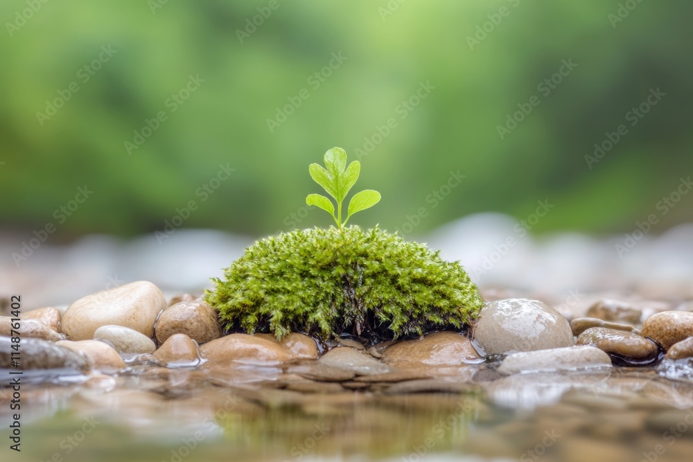 Poster Tranquil Forest Stream with Moss and Sprout on Pebbles in Diffused Light