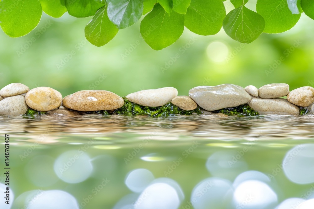 Poster serene stream with pebbles and moss under leafy canopy - earth tones and textured tranquility