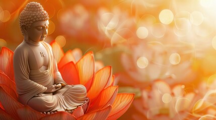 The Lord Buddha meditated gracefully on a lotus flower with an orange background. (About Buddhism)