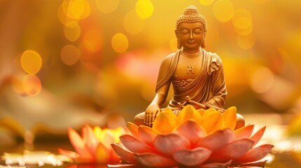 The Lord Buddha meditated gracefully on a lotus flower with an orange background. (About Buddhism)