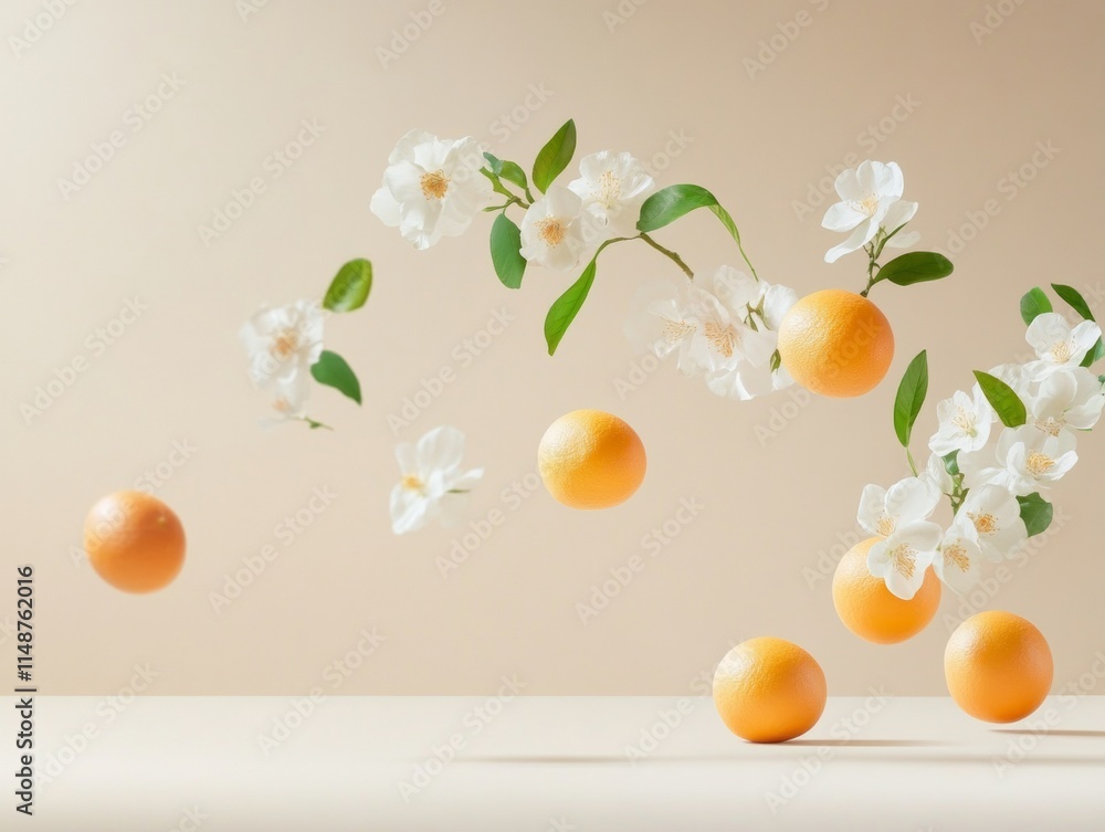 Poster surreal floating oranges and flowers in soft pastel minimalism