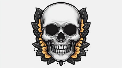 Stylized skull design surrounded by floral elements, representing life, death, and art in a unique composition.