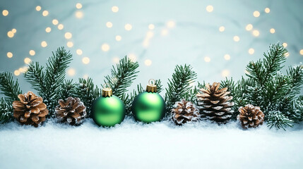 Merry Christmas and Happy New Year - Christmas greeting card - Xmas tree and row of balls and pine cones in snow landscape - Banner, header, panorama