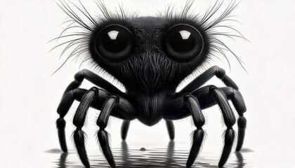 Charming anthropomorphic water spider, highly detailed and realistic, with delicate facial features, shimmering eyes, glossy legs, and aquatic elements in the background.