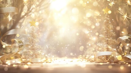 Golden Christmas Wonderland: Miniature trees adorned with stars and ribbons, bathed in a warm, magical glow. Festive bokeh and sparkles create a dreamy holiday atmosphere.