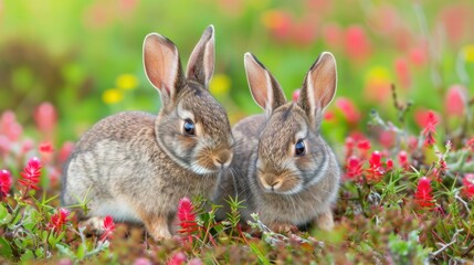 Fototapeta premium Wild rabbits Rabbit two (Oryctolagus cuniculus) juvenile baby animal amongst flowers on grassland, Suffolk, England, United Kingdom Many colorful flowers, beautiful