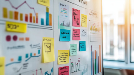 Whiteboard full of colorful sticky notes showing graphs and marketing data related to business growth