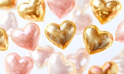 Glossy gold, pink heart shaped candies.