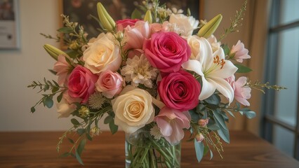 Obraz premium Colorful flower bouquet in glass vase on wooden table.
