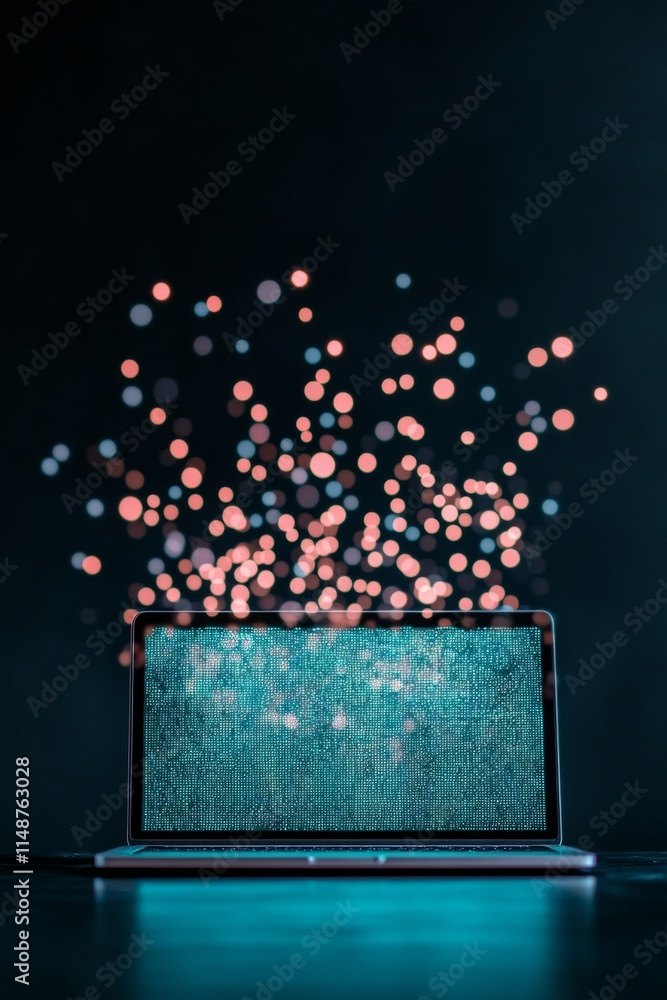 Poster glowing laptop with cyber icons on reflective surface - minimalist digital security concept