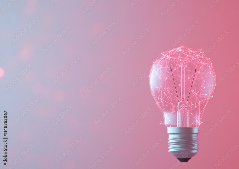Poster illuminated lightbulb with geometric patterns on a cool pink background