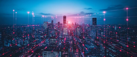 Obraz premium A futuristic cityscape with digital connections and a vibrant sunset.