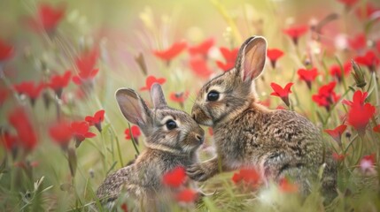 Fototapeta premium Wild rabbits Rabbit two (Oryctolagus cuniculus) juvenile baby animal amongst flowers on grassland, Suffolk, England, United Kingdom Many colorful flowers, beautiful