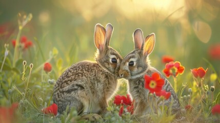 Fototapeta premium Wild rabbits Rabbit two (Oryctolagus cuniculus) juvenile baby animal amongst flowers on grassland, Suffolk, England, United Kingdom Many colorful flowers, beautiful