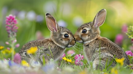 Fototapeta premium Wild rabbits Rabbit two (Oryctolagus cuniculus) juvenile baby animal amongst flowers on grassland, Suffolk, England, United Kingdom Many colorful flowers, beautiful