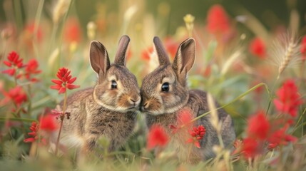 Wild rabbits Rabbit two (Oryctolagus cuniculus) juvenile baby animal amongst flowers on grassland, Suffolk, England, United Kingdom Many colorful flowers, beautiful