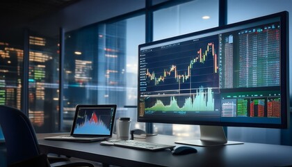 Trading monitor with high resolution stock chart screen showing various technical indicators and candlestick patterns