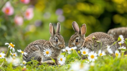 Obraz premium Wild rabbits Rabbit two (Oryctolagus cuniculus) juvenile baby animal amongst flowers on grassland, Suffolk, England, United Kingdom Many colorful flowers, beautiful